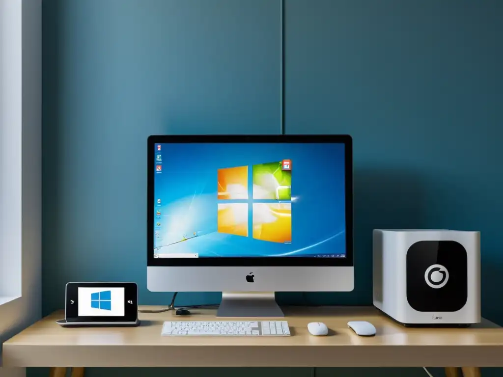 Una representación minimalista de dispositivos interconectados Windows y Linux en un entorno hogareño moderno