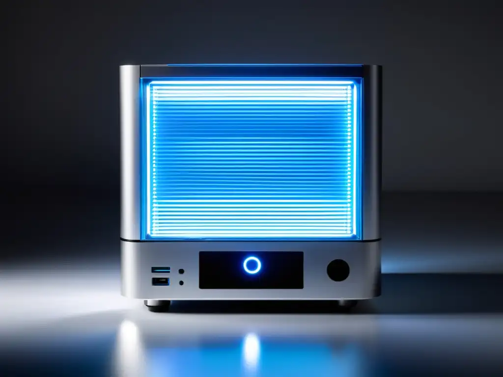 MiniPC plateado con panel lateral transparente revelando circuitos internos iluminados por LED azul