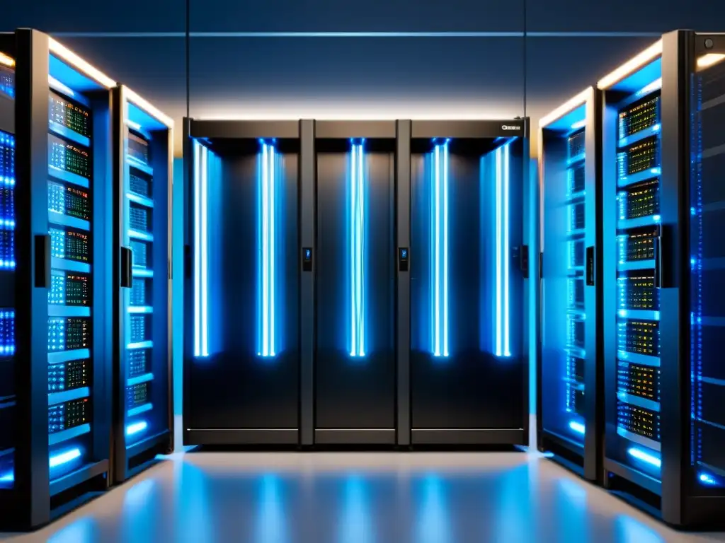 Un moderno bastidor de servidores dedicados Linux, organizados y potentes, en un entorno profesional y futurista con iluminación azul suave