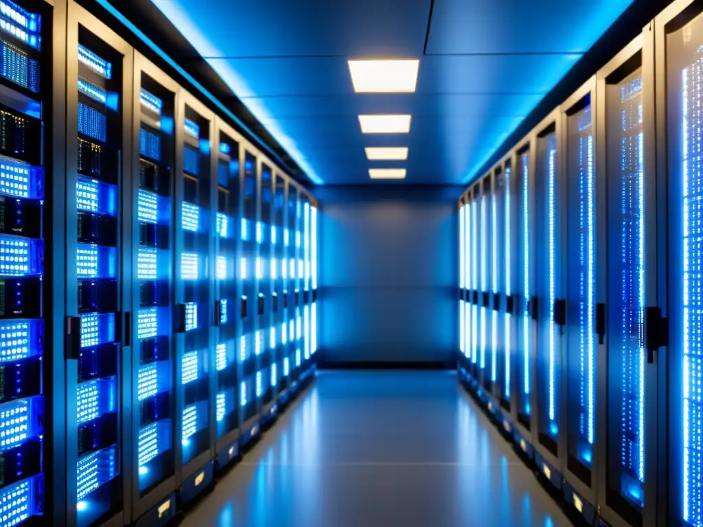 Salas de servidores modernas y eficientes Un moderno y ordenado centro de servidores bañado en luz azul, transmite eficiencia y confiabilidad