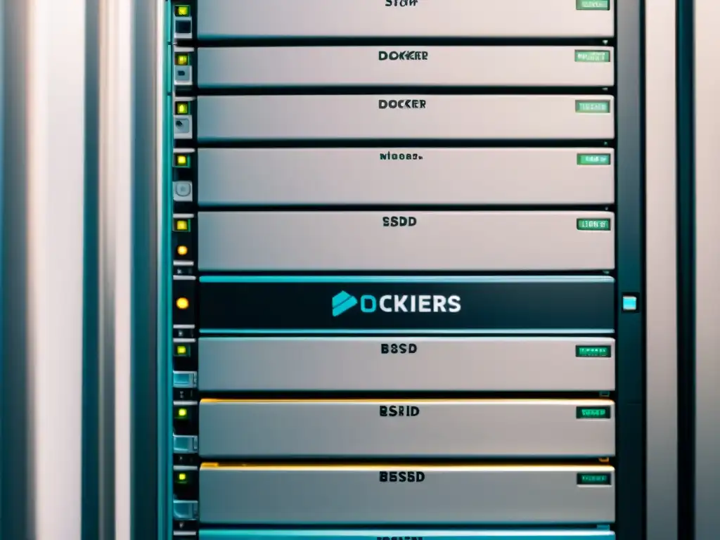Un moderno rack de servidores alberga contenedores Docker en sistemas basados en BSD, con una estética profesional y eficiente