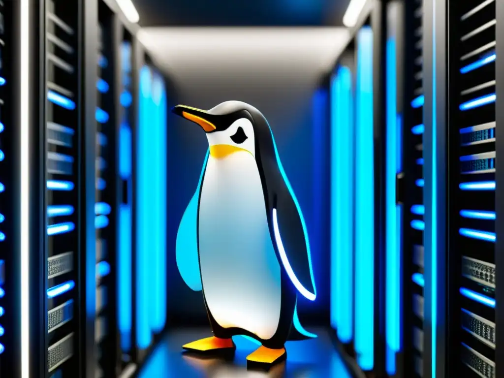 Un moderno rack de servidores Linux iluminado en azul, con servidores alineados y el logo del pingüino
