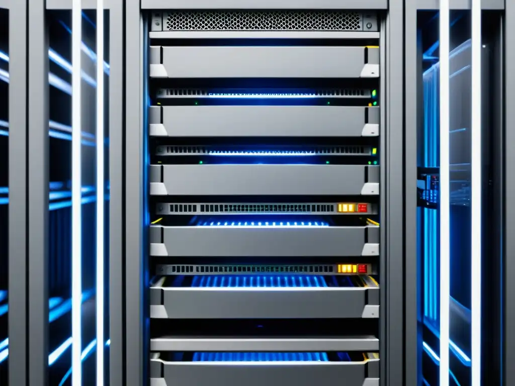 Un moderno rack de servidores con cables organizados y luces parpadeantes, exudando eficiencia y confiabilidad