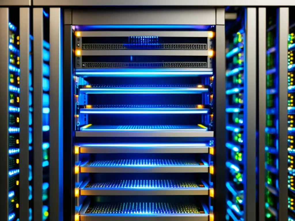 Servidores Linux de última generación en un rack moderno Un moderno rack de servidores con filas ordenadas de equipos Linux, iluminados con luces LED