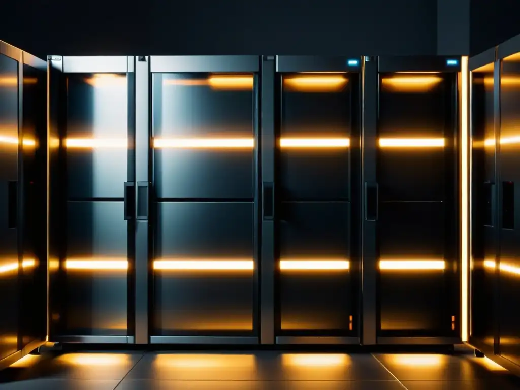 Un moderno rack de servidores iluminado por una suave luz ambiental