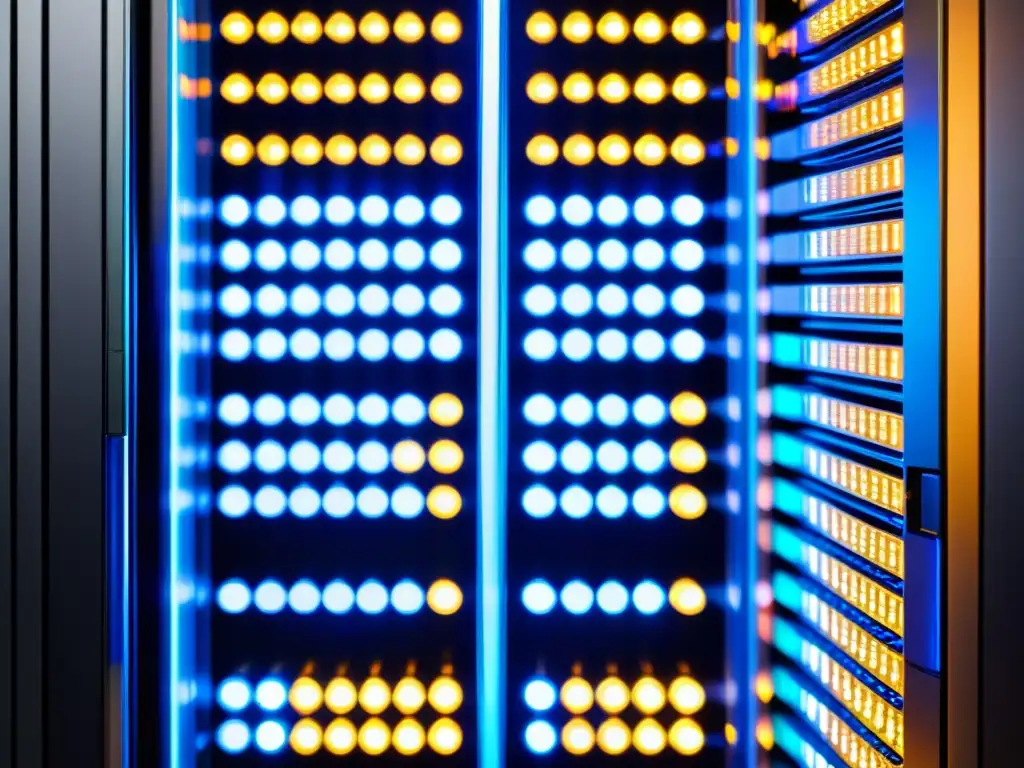 Un moderno rack de servidores con luces LED multicolores parpadeantes