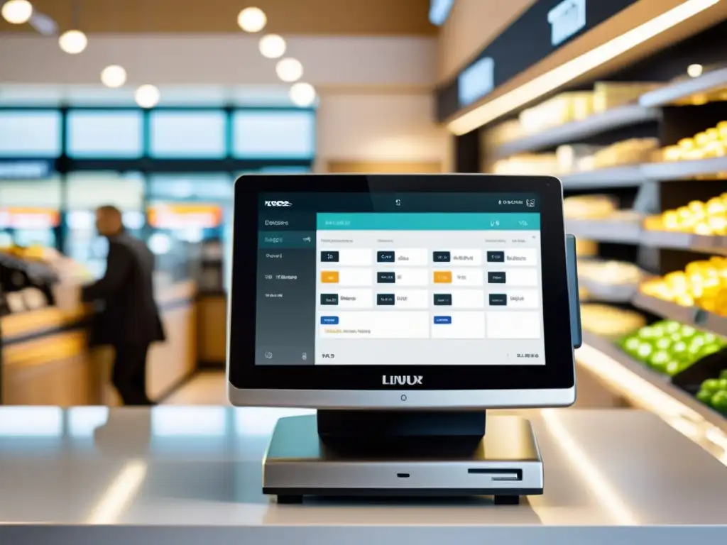 Un moderno sistema POS Linux para comercio en un ambiente comercial contemporáneo, transmitiendo eficiencia y profesionalismo