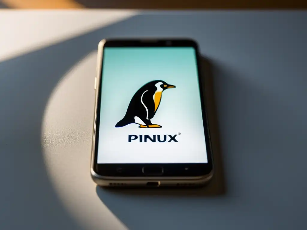 Un moderno smartphone con diseño minimalista muestra el logo del pingüino de Linux en su pantalla