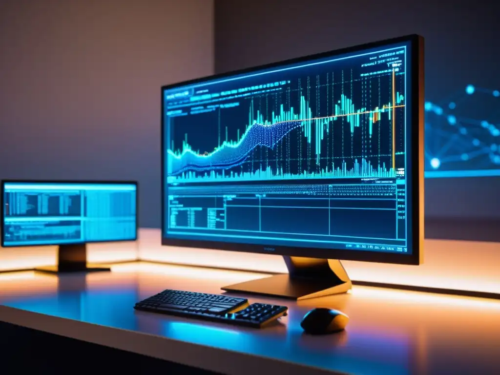 Monitor de computadora mostrando código y diagramas de red, en entorno moderno y vibrante