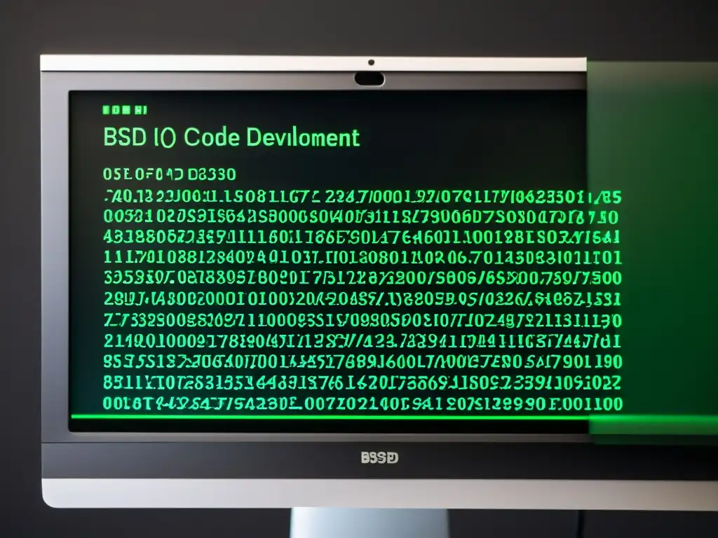 Monitor de computadora mostrando código en una oficina minimalista, evocando la experiencia técnica y profesional de los Cursos especializados en BSD