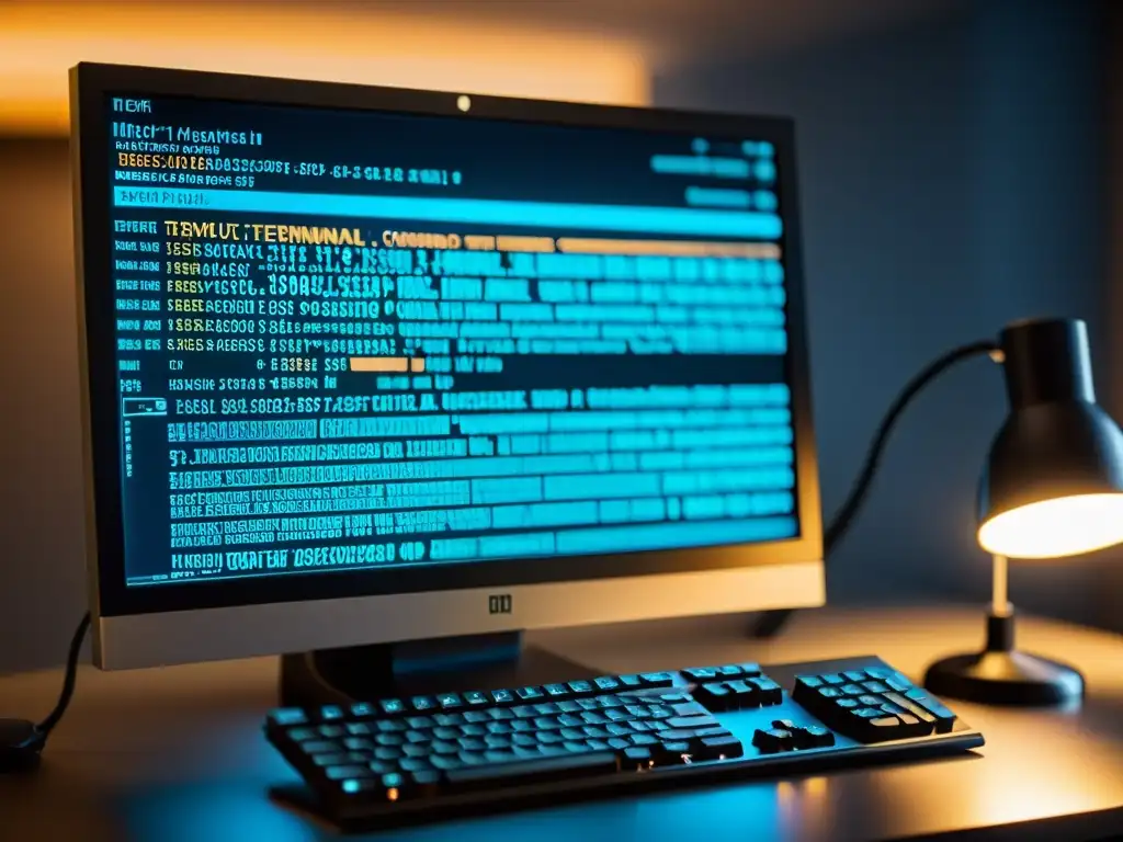 Un monitor de computadora muestra comandos Cron en Linux, con una luz cálida que realza la atmósfera de trabajo