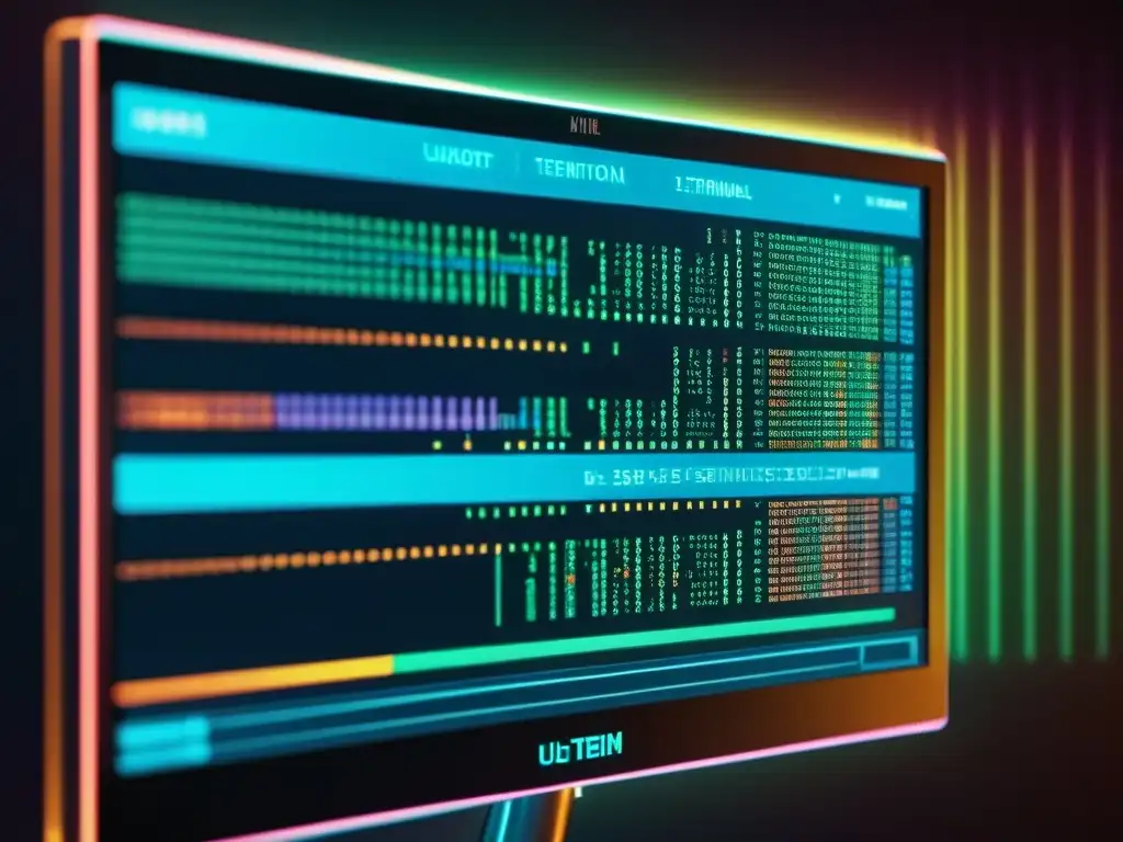 Un monitor de computadora muestra líneas de código en un terminal futurista con colores vibrantes