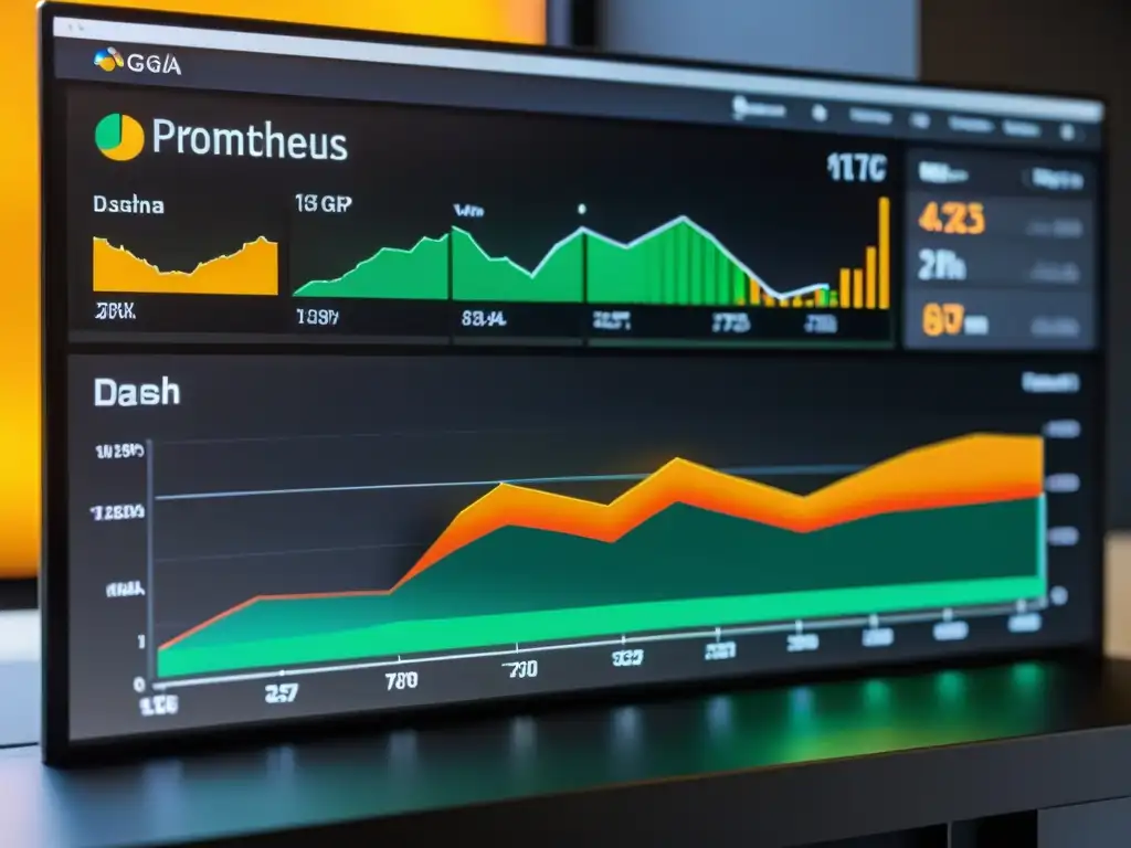 Monitor de computadora muestra monitoreo en tiempo real de aplicaciones en Linux con Prometheus y Grafana, gráficos coloridos y métricas detalladas