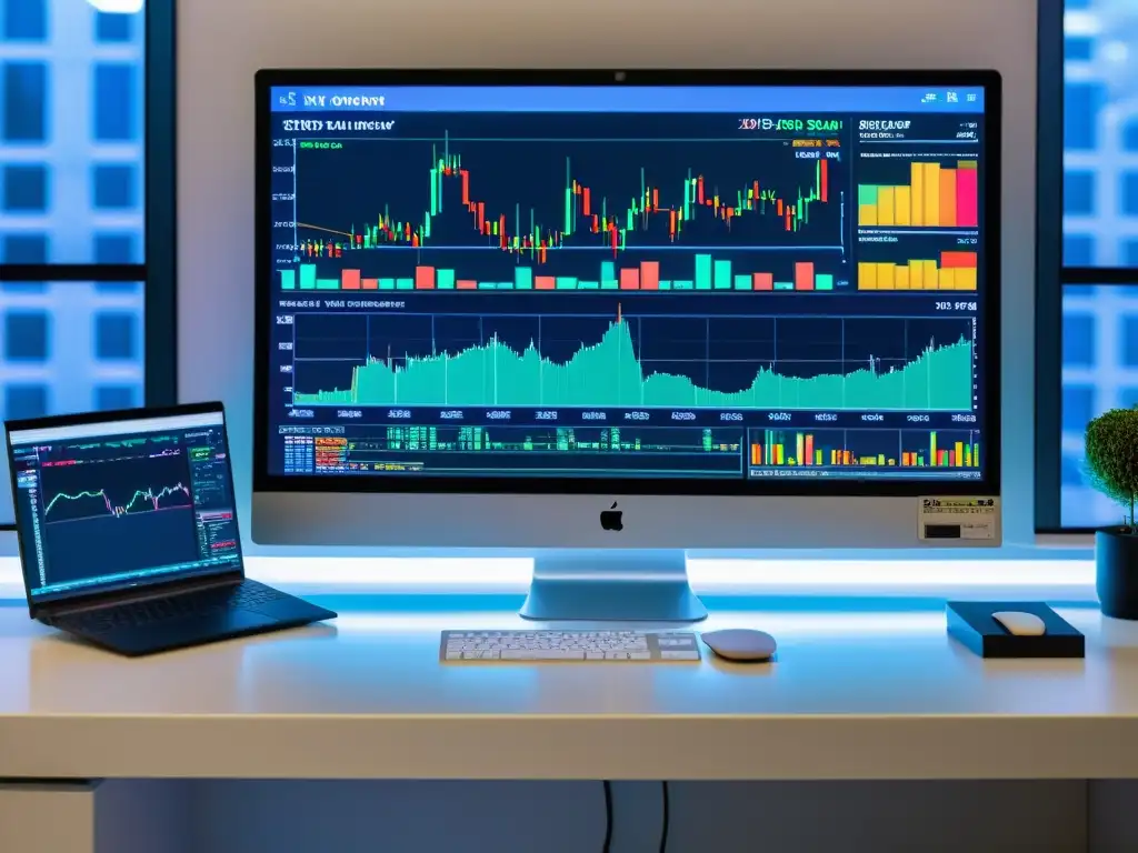 Un monitor de computadora muestra una plataforma de trading en tiempo real en BSD, con gráficos coloridos