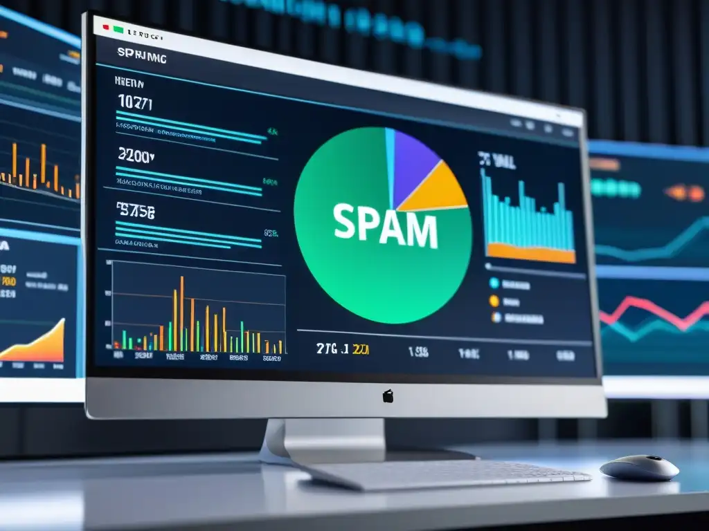 Monitor muestra datos de seguridad correo electrónico BSD, con gráficos futuristas y tonos vibrantes, evocando alta tecnología y protección avanzada