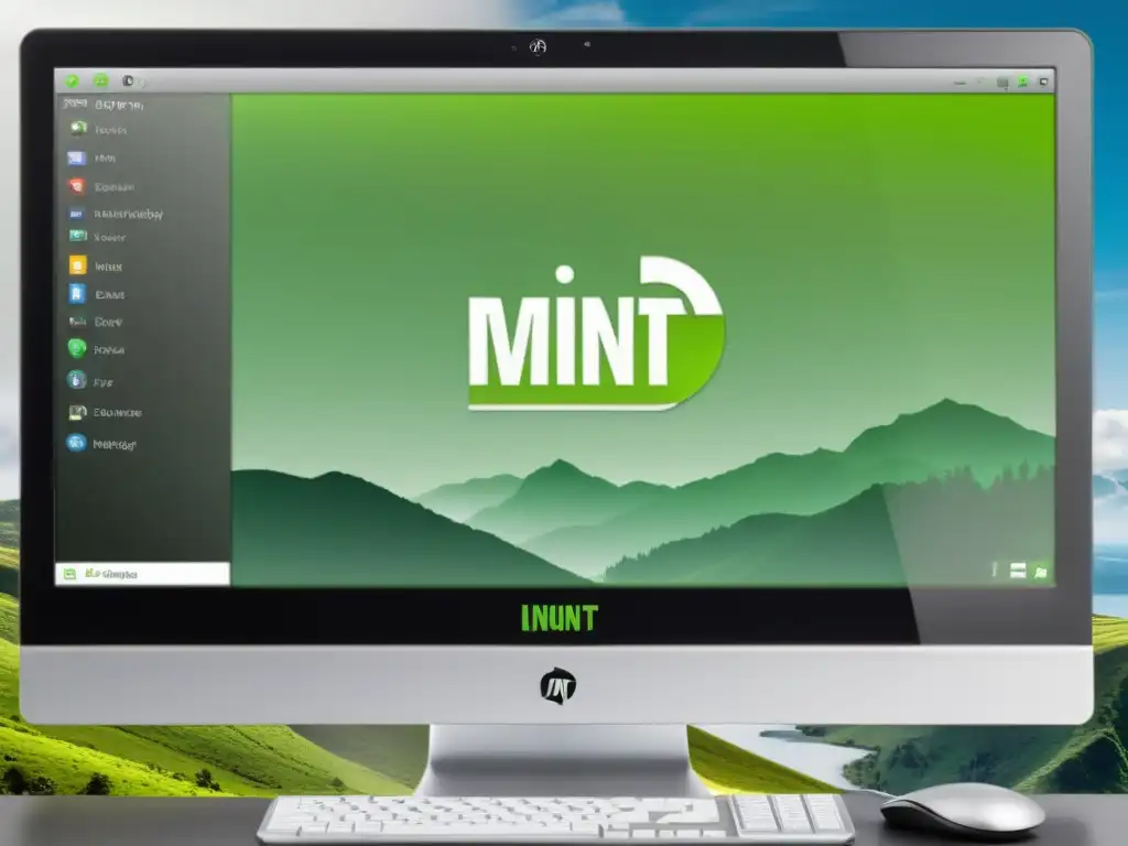 Un monitor muestra el entorno de escritorio de Linux Mint con su esquema de colores verde y negro, resaltando la eficiencia y simplicidad del sistema