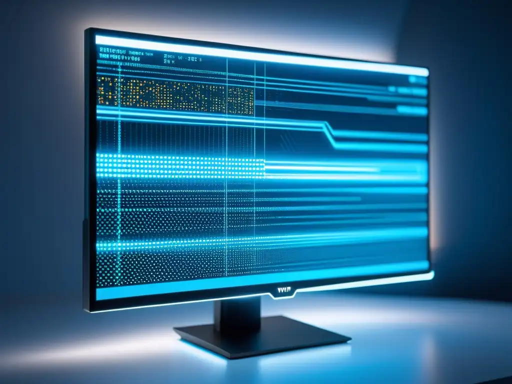 Monitor futurista muestra código y visualizaciones de datos con luz azul suave