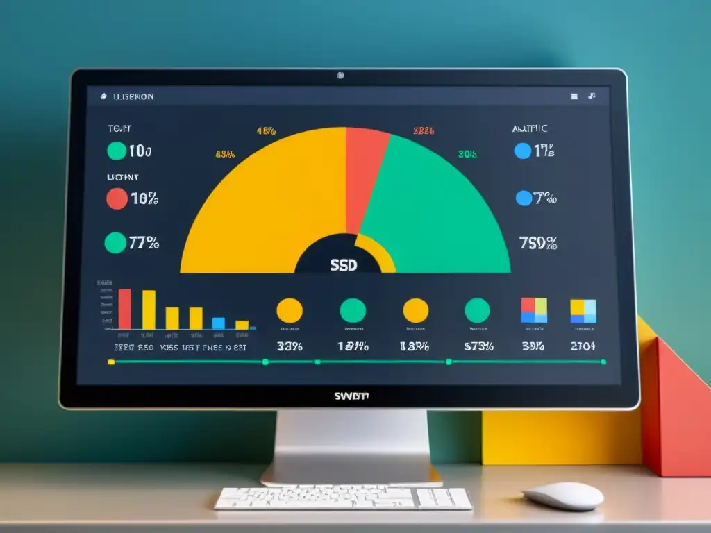 Monitor moderno muestra analítica web de Linux y BSD con gráficos coloridos, transmitiendo profesionalismo y sofisticación