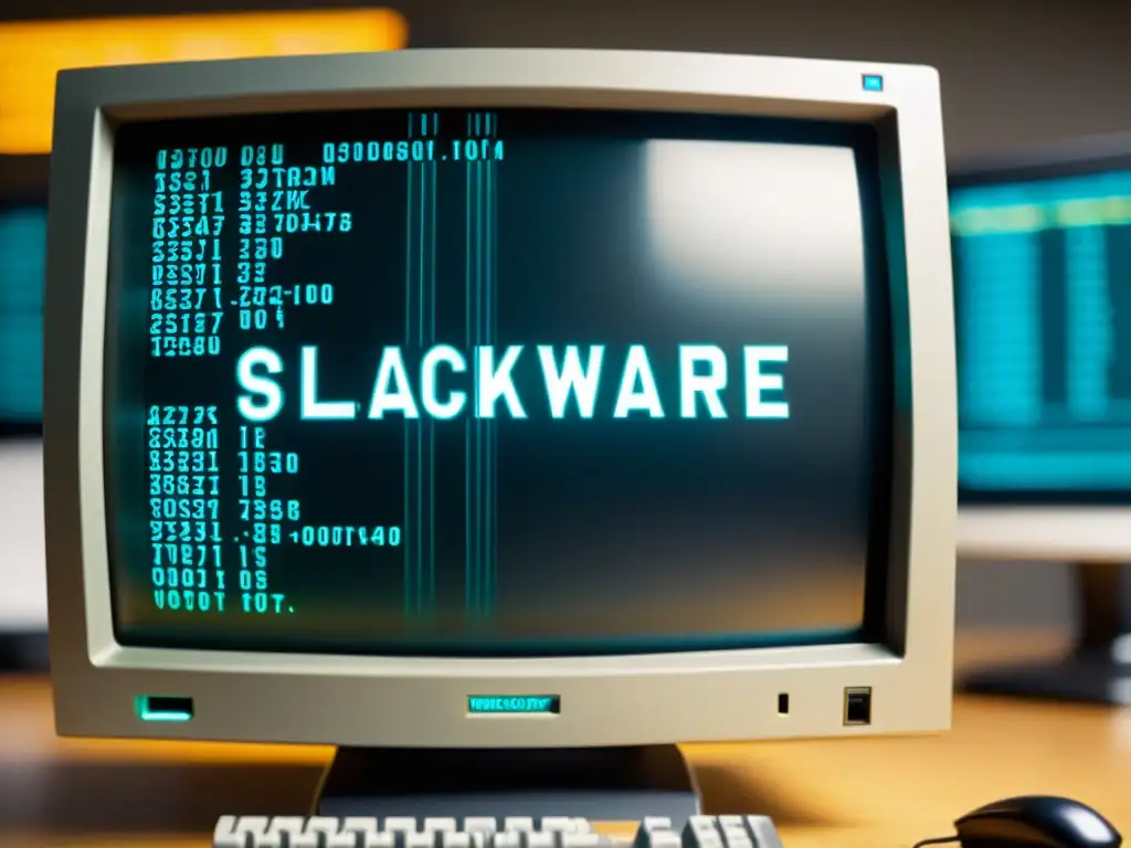 Monitor vintage de Slackware mostrando código en terminal, refleja influencia de Slackware en distribuciones modernas