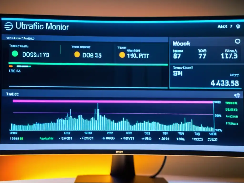 Monitor de tráfico de red mostrando datos de ataque DDoS en tiempo real, con interfaz minimalista y visualizaciones codificadas por colores