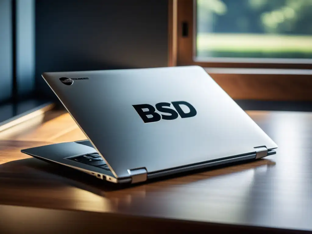 Guía laptops y netbooks optimizados BSD: Portátil plateado sobre escritorio de madera con logo BSD en pantalla, iluminado por luz natural