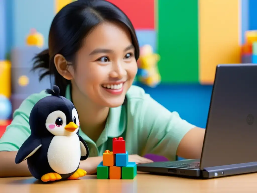 Un niño sonríe señalando la pantalla de un ordenador con interfaz Linux, rodeado de juguetes educativos y un peluche de pingüino