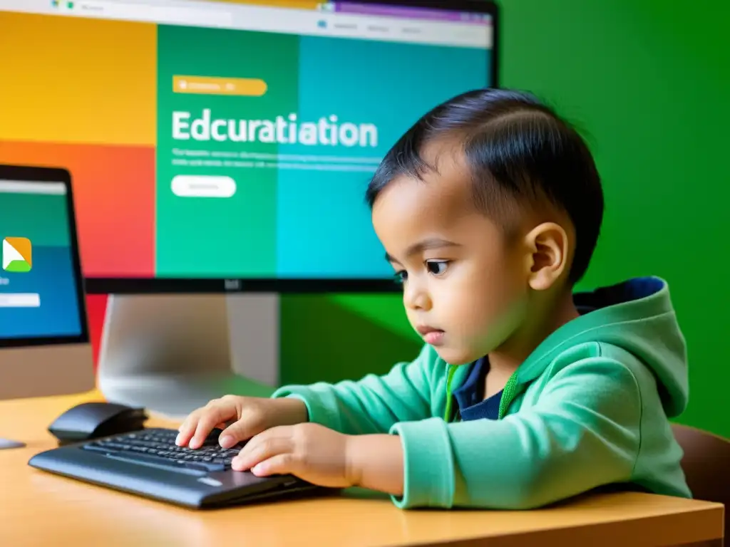 Un niño utiliza software educativo en una distribución Linux para niños, rodeado de materiales educativos coloridos