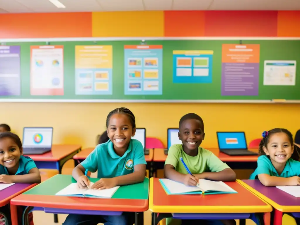 Niños sonrientes disfrutan de actividades educativas en aula luminosa, usando computadoras con Distribuciones Linux para niños