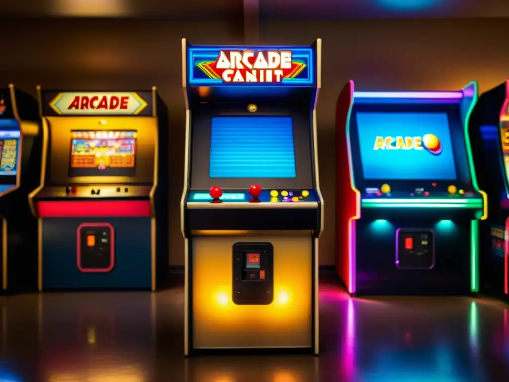 Una nostálgica máquina arcade vintage iluminada, con arte clásico y botones coloridos