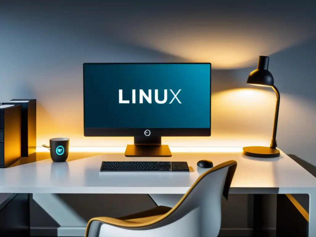 Oficina moderna con computadora Linux y entorno seguro Oficina moderna con computadora Linux y una interfaz limpia