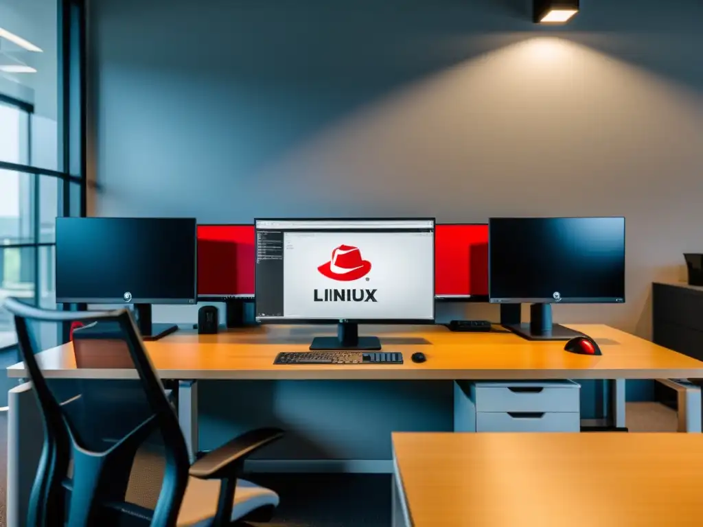 Oficina moderna con eficiencia y profesionalismo, destacando la interfaz de Red Hat Enterprise Linux