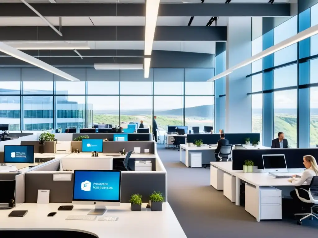 Oficina moderna de alta resolución: colaboración y eficiencia Oficina moderna y luminosa con trabajadores colaborando en sistemas operativos open source, destacando la automatización