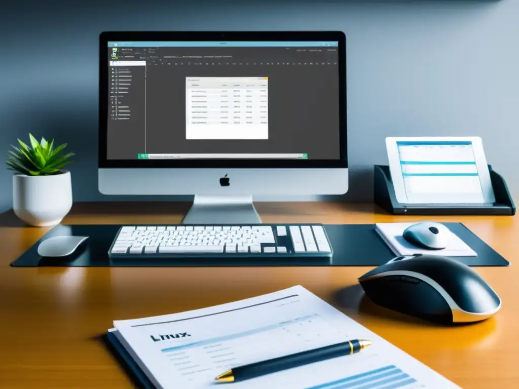 Una oficina moderna con sistema Linux para contabilidad empresarial, organizada y eficiente