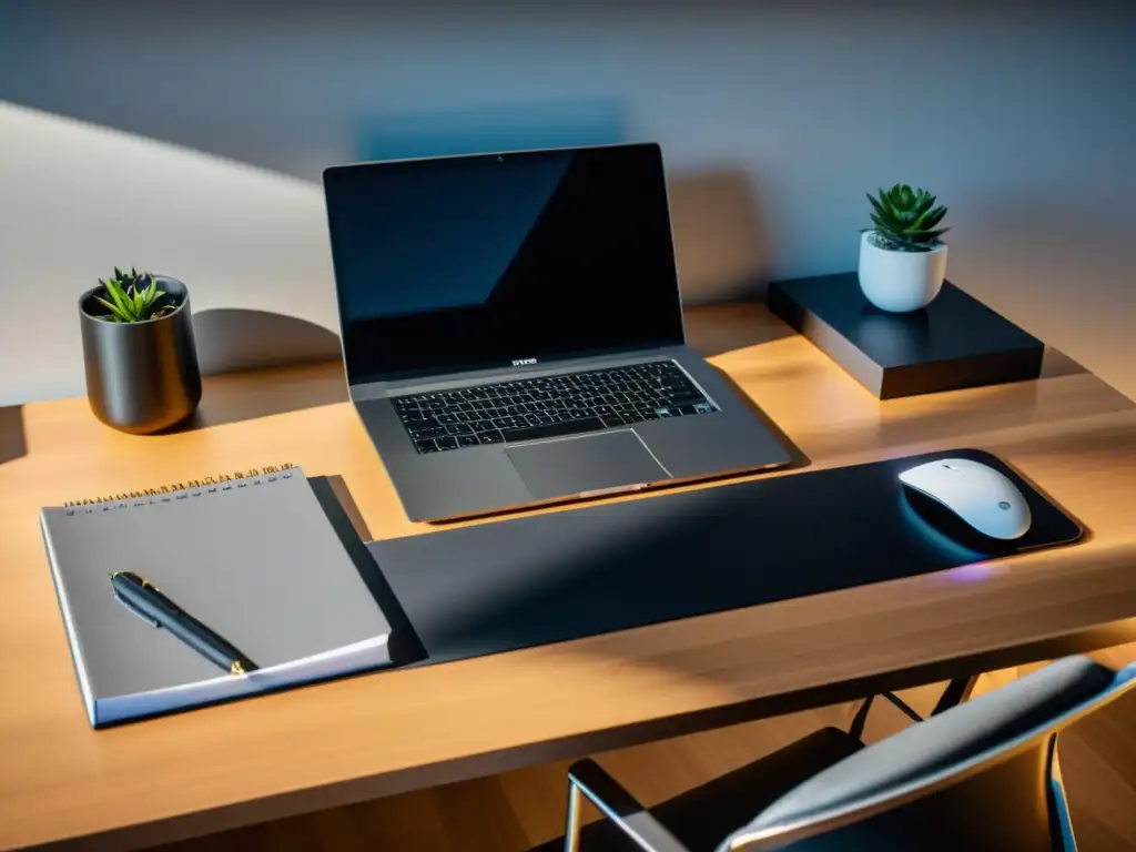 Escritorio minimalista de alta gama, para CRM y sistemas alternativos Oficina moderna con CRM en sistemas operativos alternativos: escritorio minimalista, orden impecable, iluminación suave