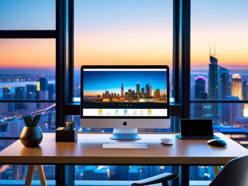 Oficina moderna con vista panorámica: CRM intuitivo y profesional Oficina moderna con vista panorámica a la ciudad, laptop con interfaz CRM