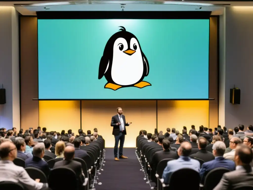 Un orador apasionado organiza conferencia sobre Linux, con público atento tomando notas