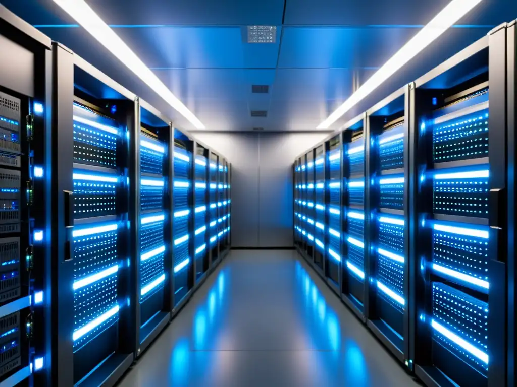 Un server room ordenado y eficiente con filas de racks iluminados, creando una atmósfera de fiabilidad