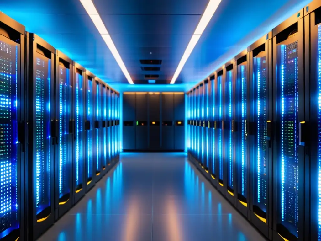 Un server room organizado con luces coloridas y cables entrelazados, bañado en luz azul