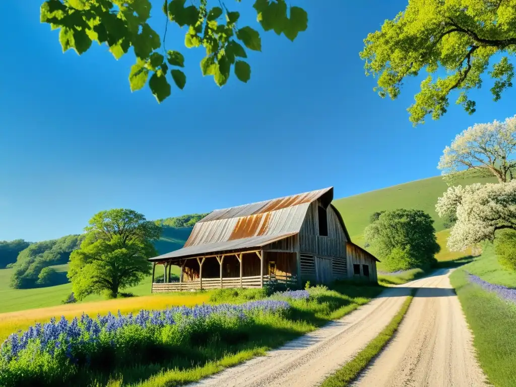 Un paisaje de campo tranquilo con un viejo granero entre colinas verdes