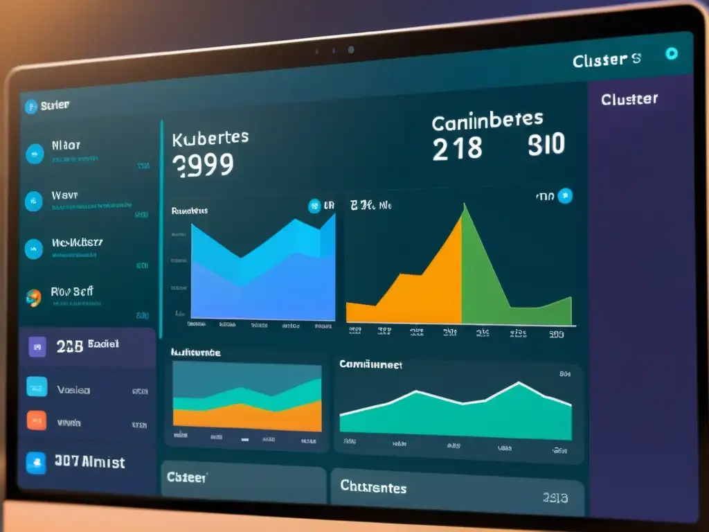 Un panel detallado de un clúster de Kubernetes muestra diagramas de red, métricas de rendimiento en tiempo real y aplicaciones en contenedores