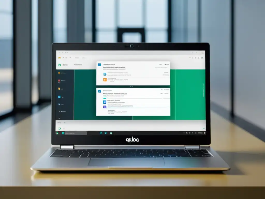 La pantalla de un portátil muestra Qubes OS con ventanas compartimentadas, en un espacio minimalista y ordenado