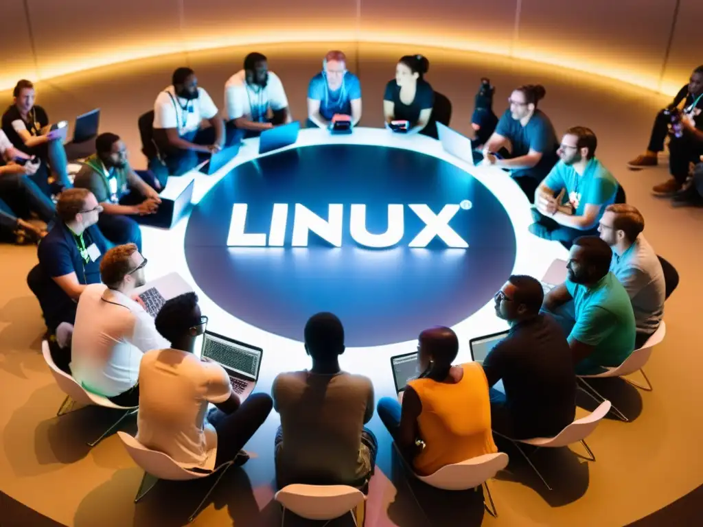 Participantes de LinuxCon colaborando en animada discusión, rodeados de luz y energía comunitaria