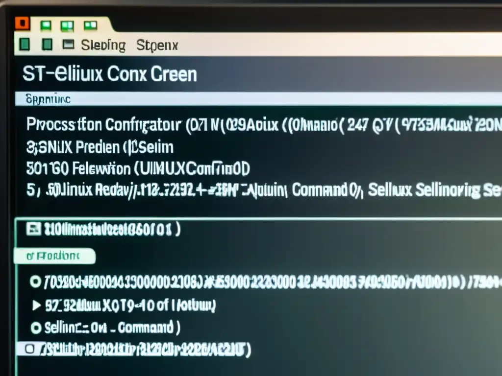 Configuración SELinux y AppArmor paso a paso: Detalle de pantalla mostrando configuración detallada en tonos monocrómicos