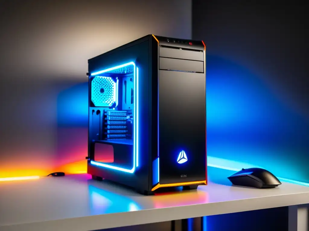 Un PC gaming de alta gama con Linux, destacando su diseño futurista y luces LED vibrantes, integrado en un ambiente de entretenimiento digital