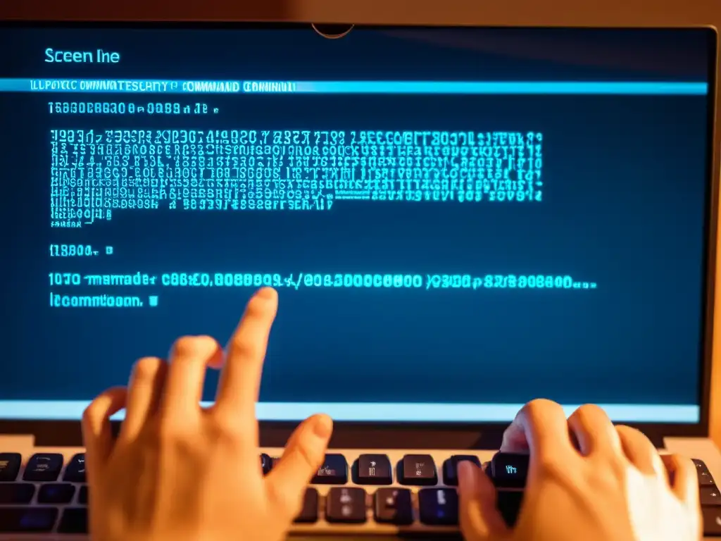 En la penumbra, una figura teclea en un monitor con líneas de código de seguridad en Linux