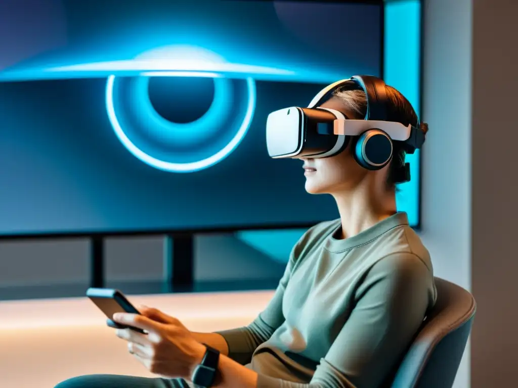 Persona usando un auricular de realidad virtual en un entorno futurista