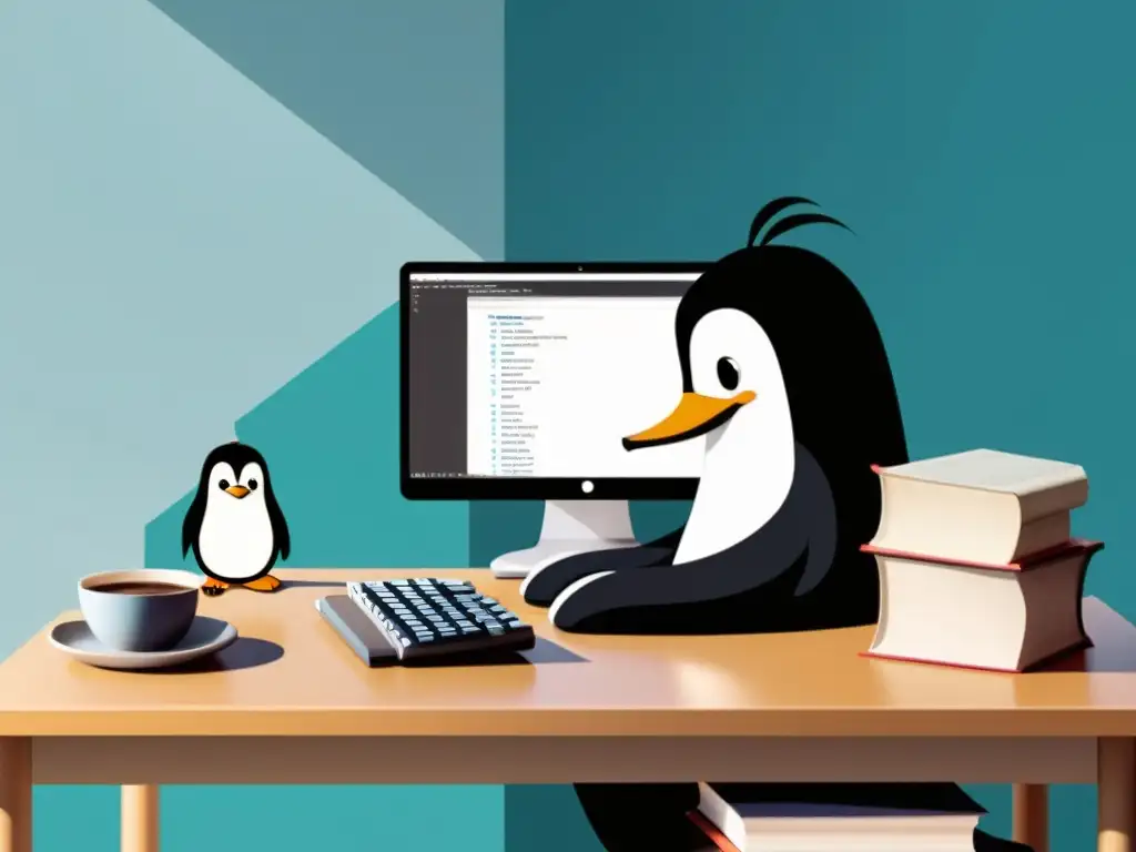 Persona tecleando código en un entorno Linux, rodeada de libros de programación y una taza de café