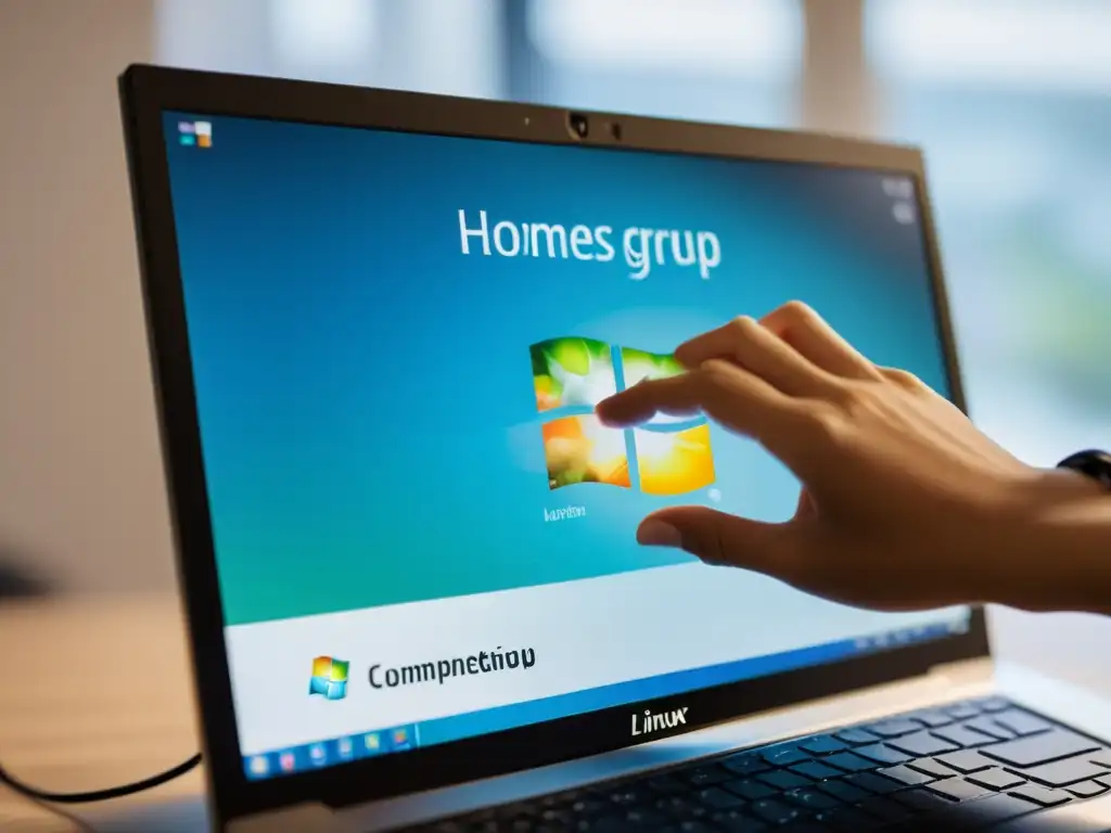 Persona usando una computadora Linux para conectarse a un Grupo Hogar entre Windows y Linux, con una atmósfera calma y profesional