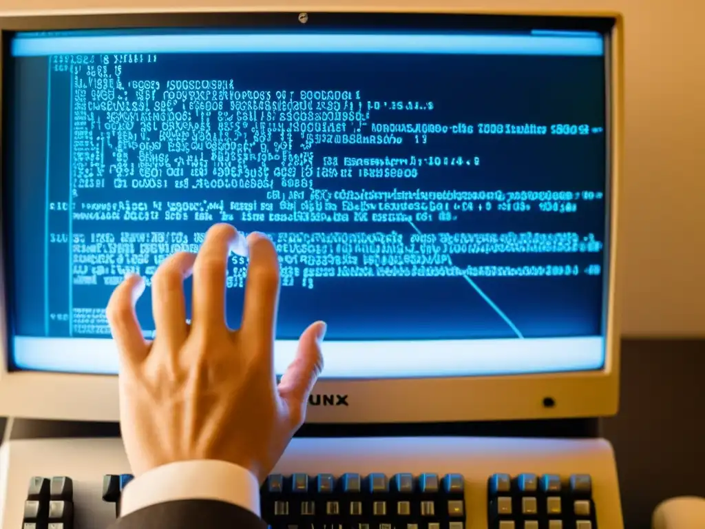 Persona tecleando en una computadora vintage con código en pantalla, capturando la esencia de trabajar con sistemas operativos alternativos