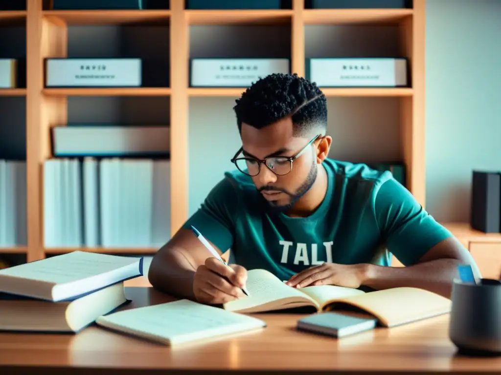 Persona concentrada estudiando para la certificación BSD rodeada de libros, computadora y notas